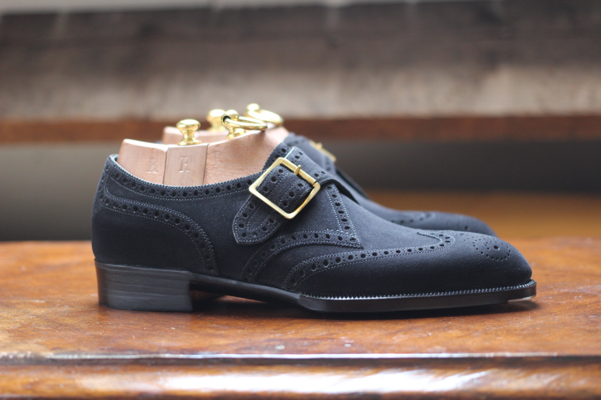 Black suede single monk-strap bespoke shoes