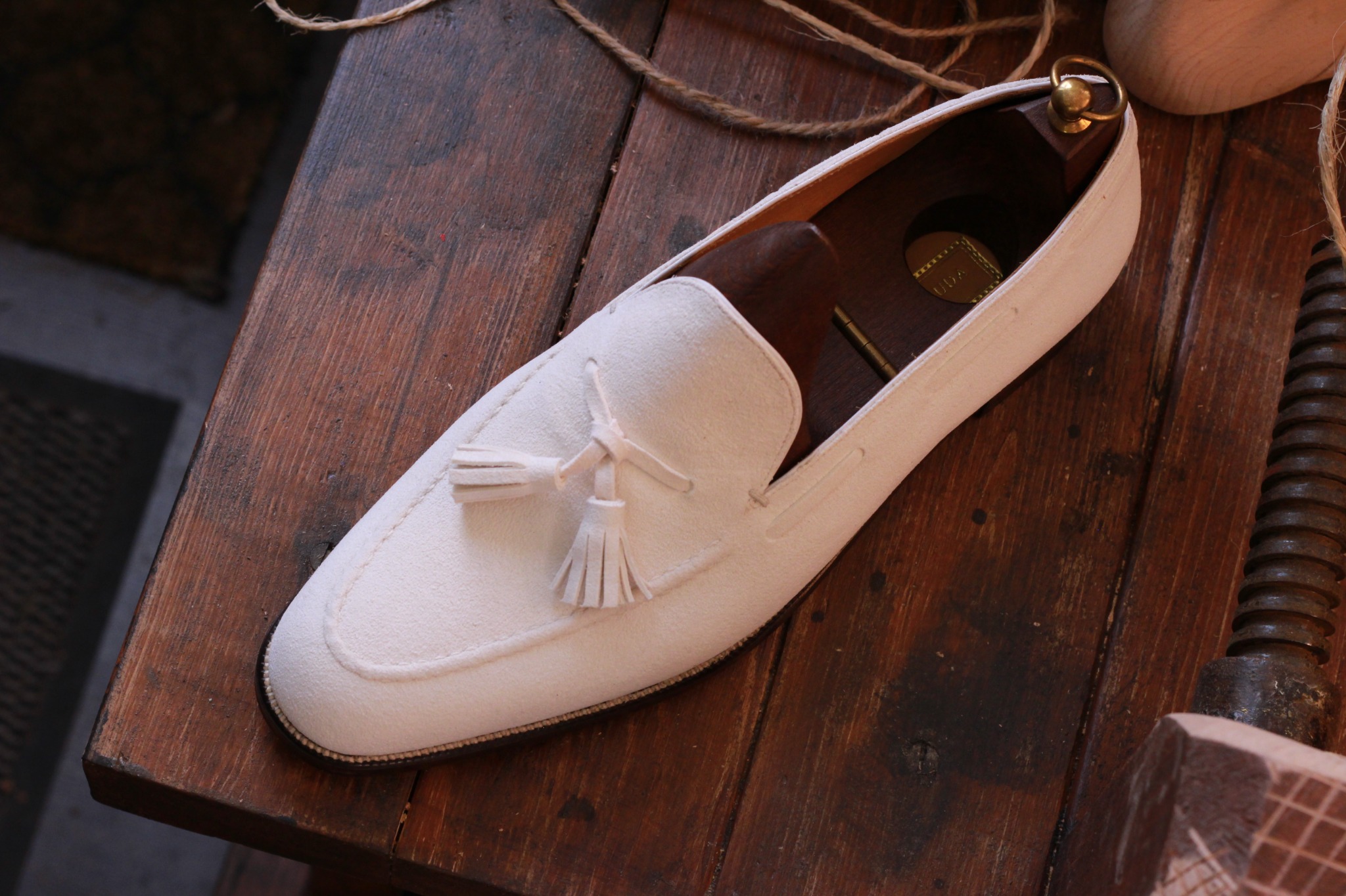 White suede tassel slip-on bespoke shoe